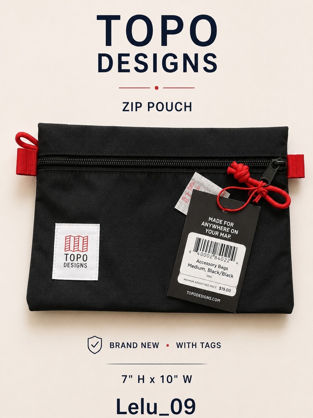 Topo Designs Accessory Bag Medium Black/Black NWT 7x10 Zip Pouch